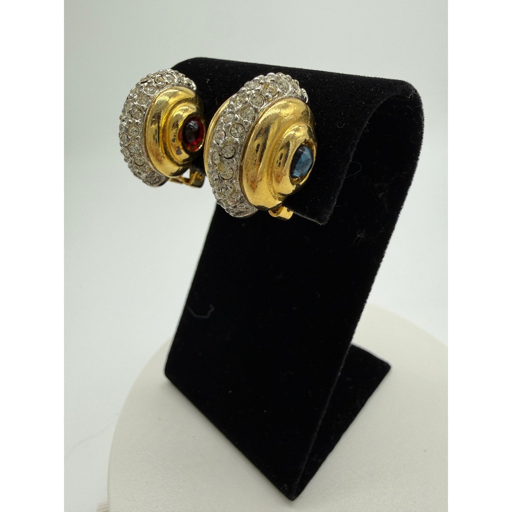 Vintage 80s Gold Tone Rhinestone Clip-On Earrings